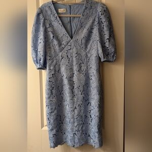 Eliza J Light Blue Crochet  Overlay Puff Sleeve Sheath Dress Size Small